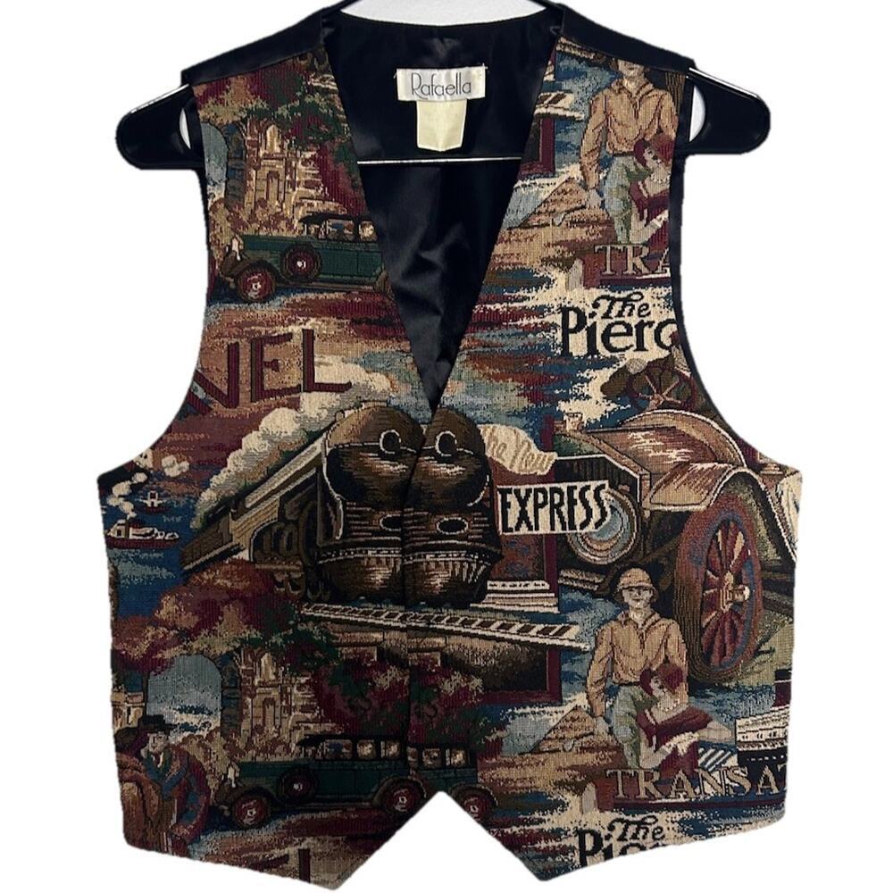 Vintage 90s Rafaella Tapestry Vest Women's M Travel Train Grandma Western Rare - Picture 2 of 8